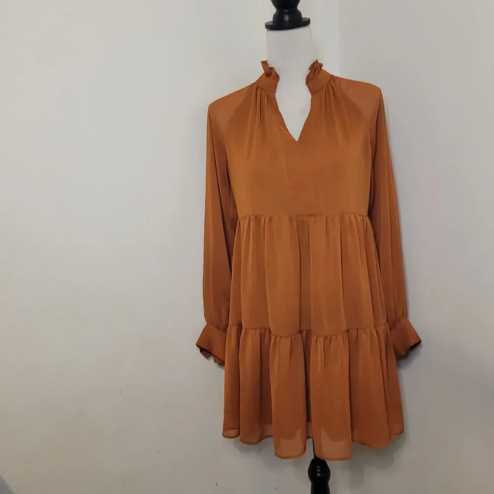 1 State Orange Long Sleeve Mini‎ Dress XS Sheer Sleeves Tiered Boho